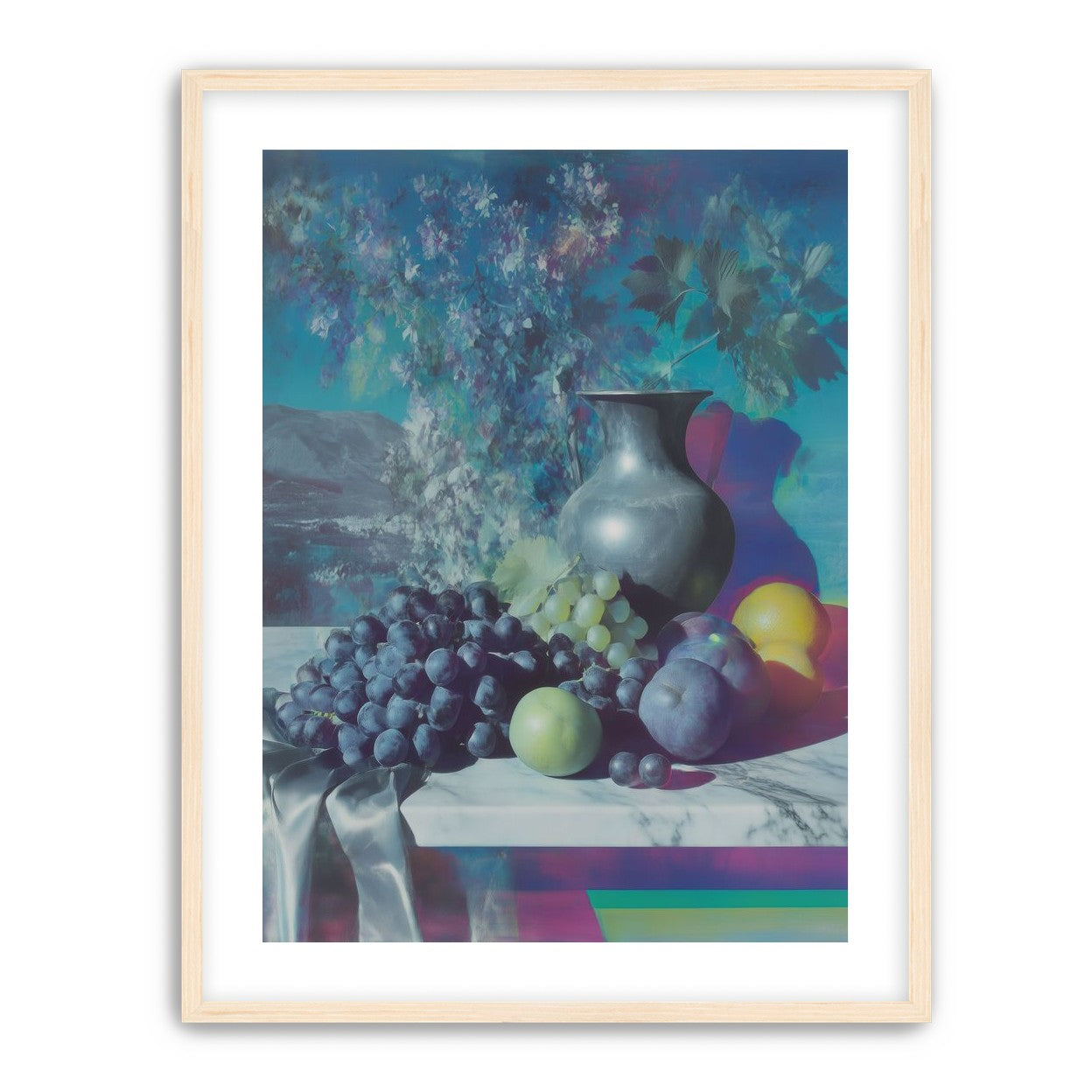 Vase and fruit in blue haze