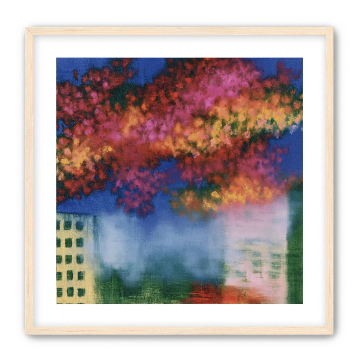 Trees above blurred windows