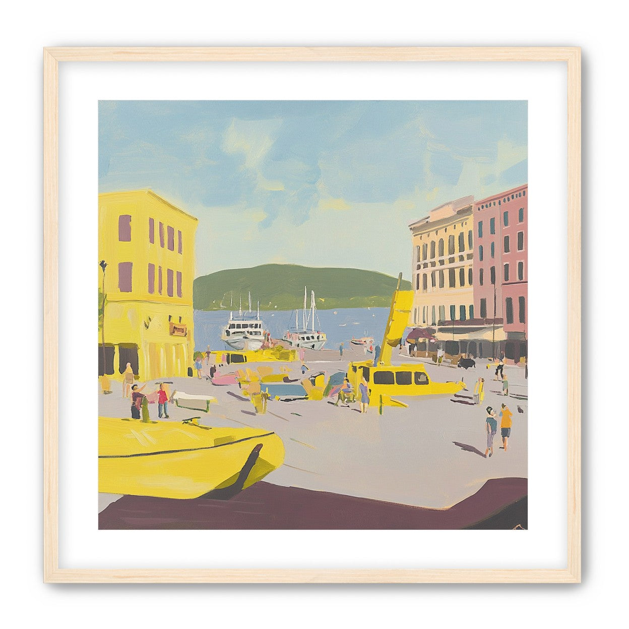Yellow boats among pastel buildings