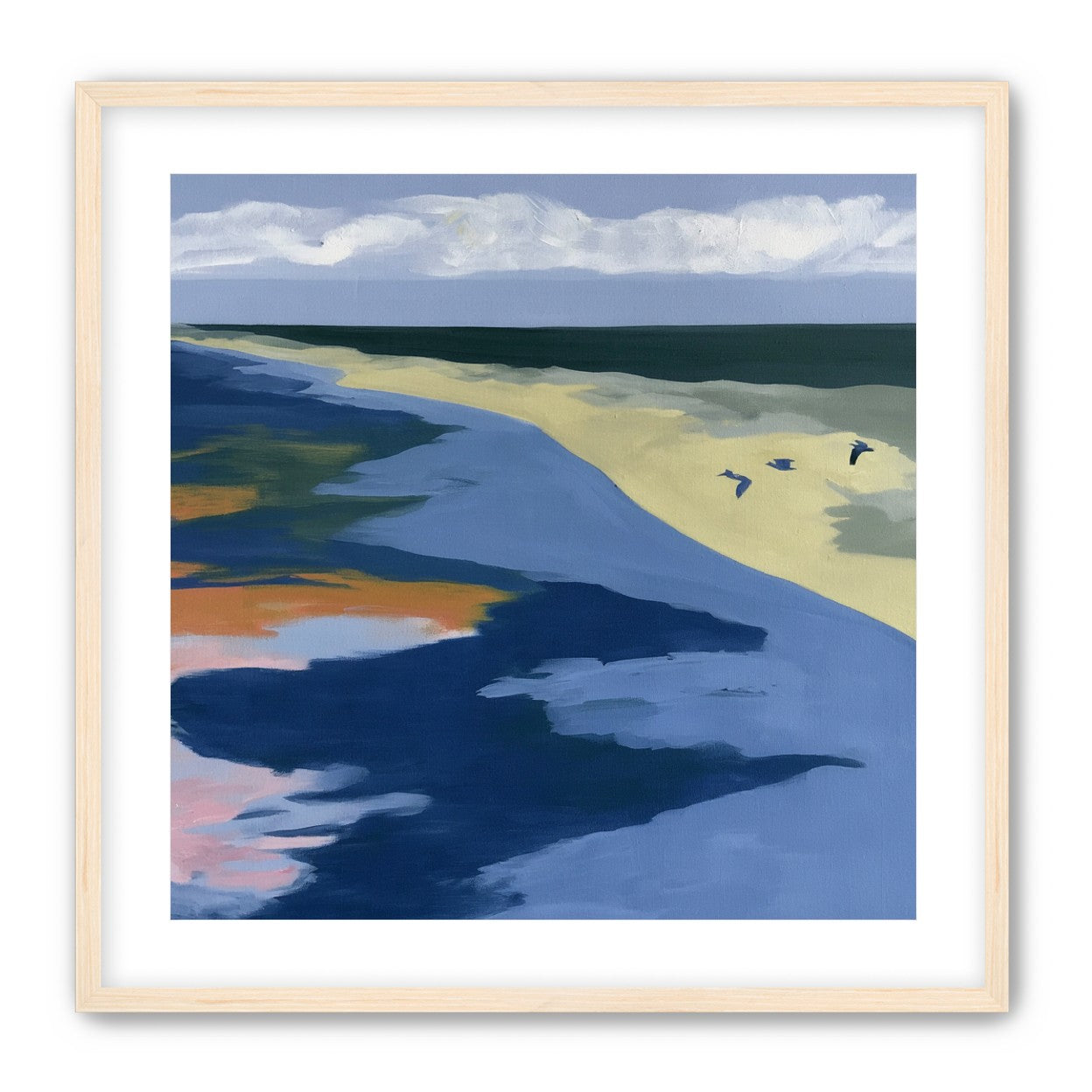 Birds over the pale shore