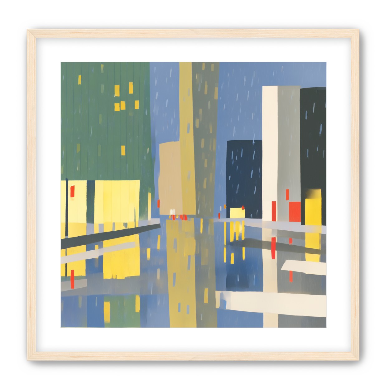 Yellow windows on wet blue street