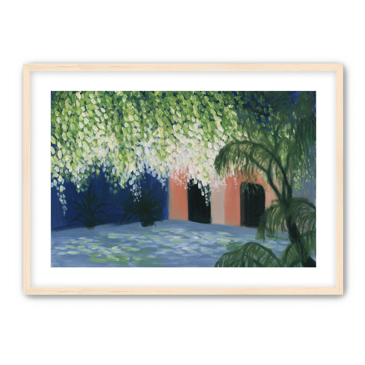 Doorway under falling blossoms