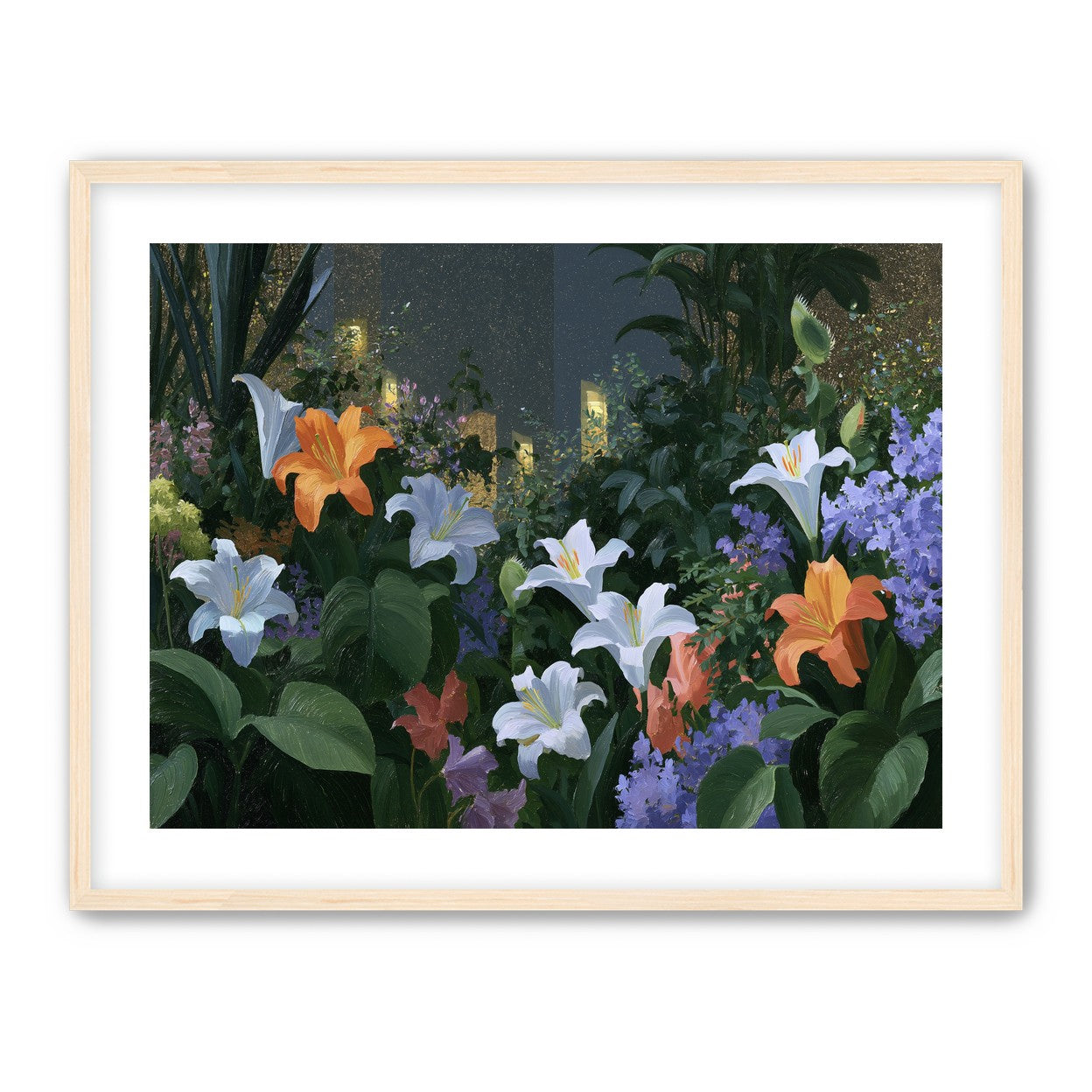 Lit windows beyond the lilies