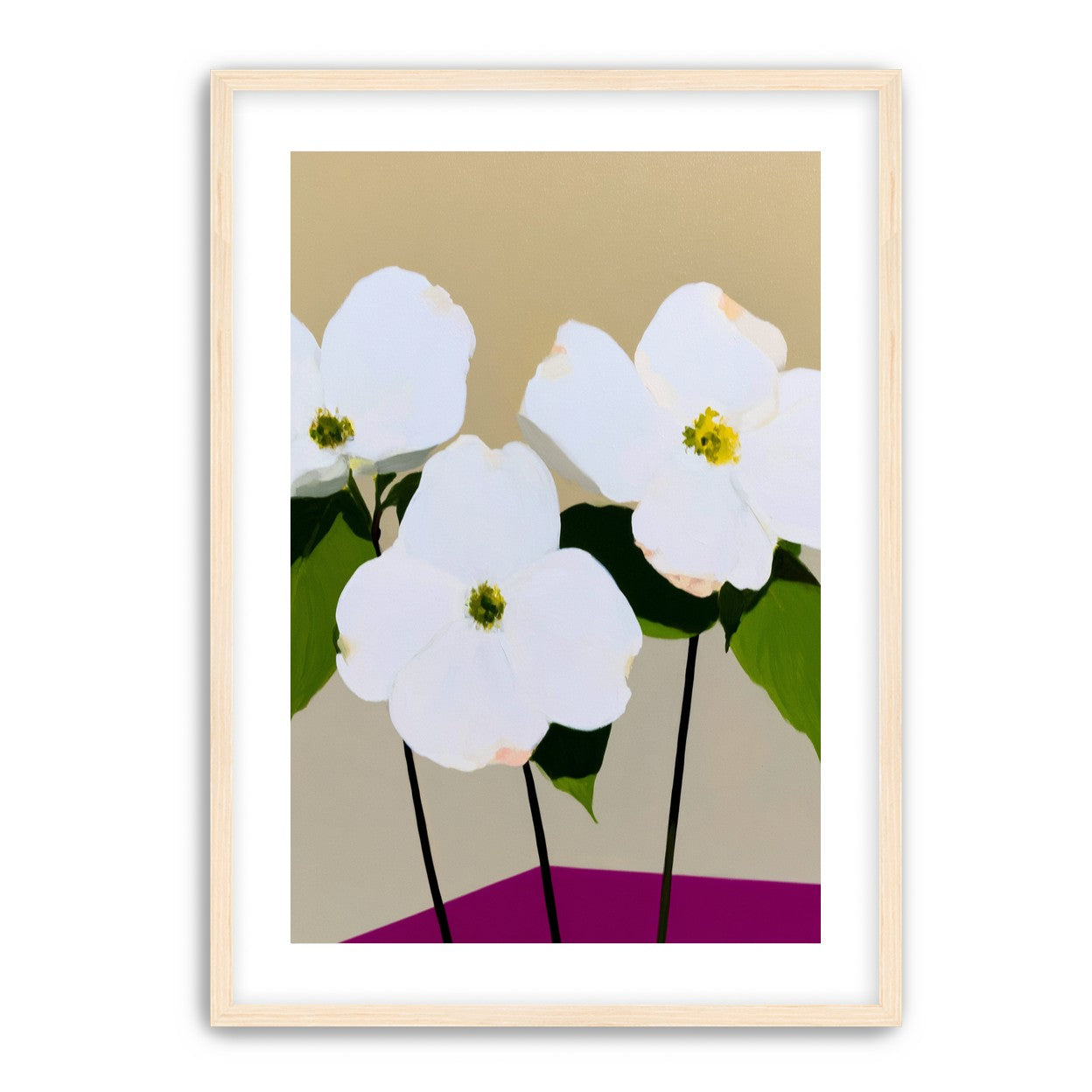 Three white flowers above purple