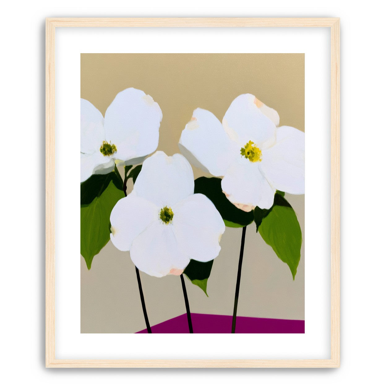 Three white flowers above purple