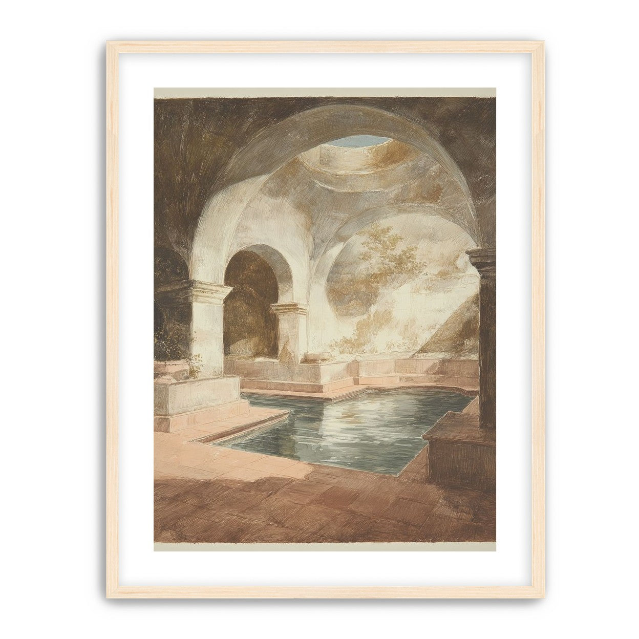 Courtyard pool beneath pale arches