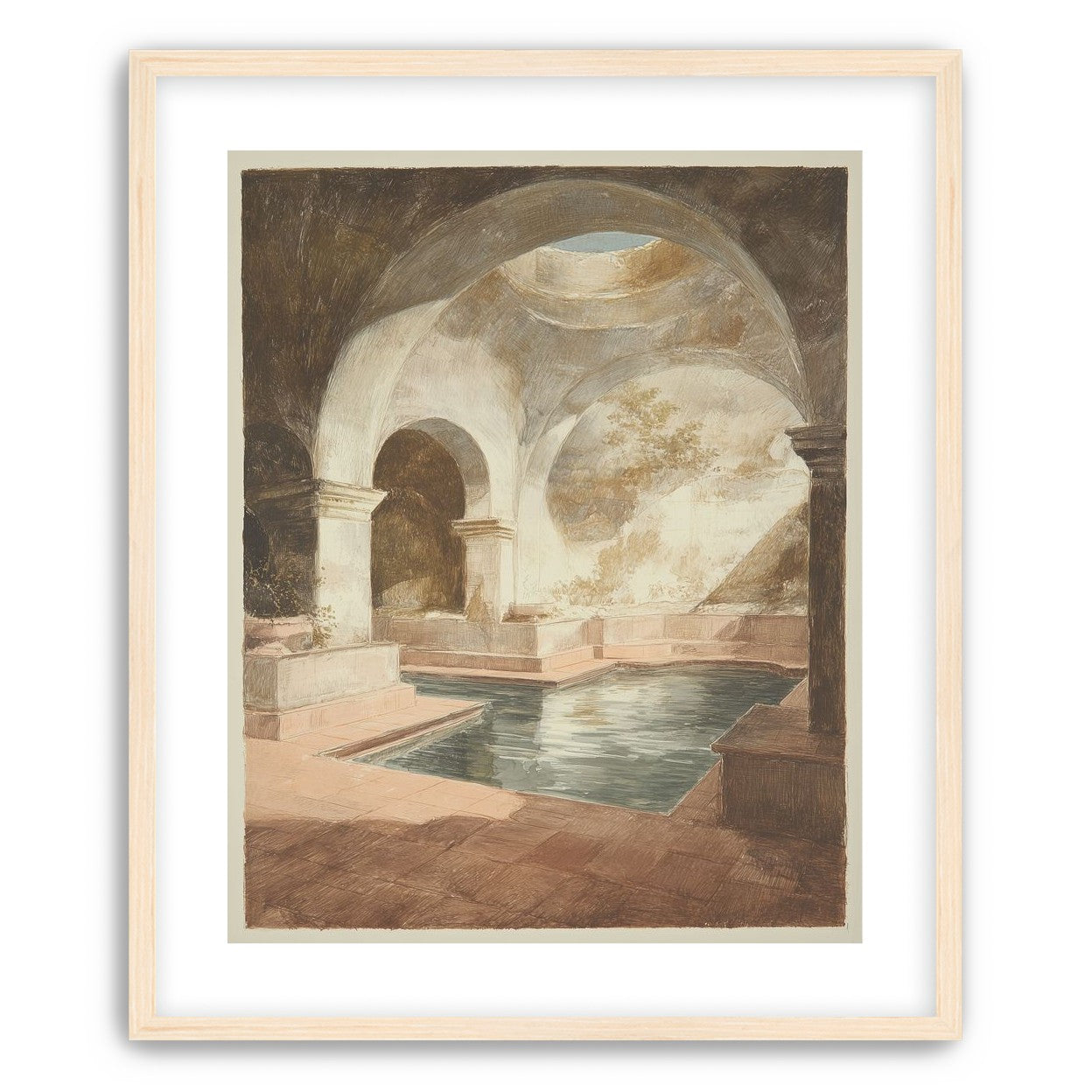 Courtyard pool beneath pale arches