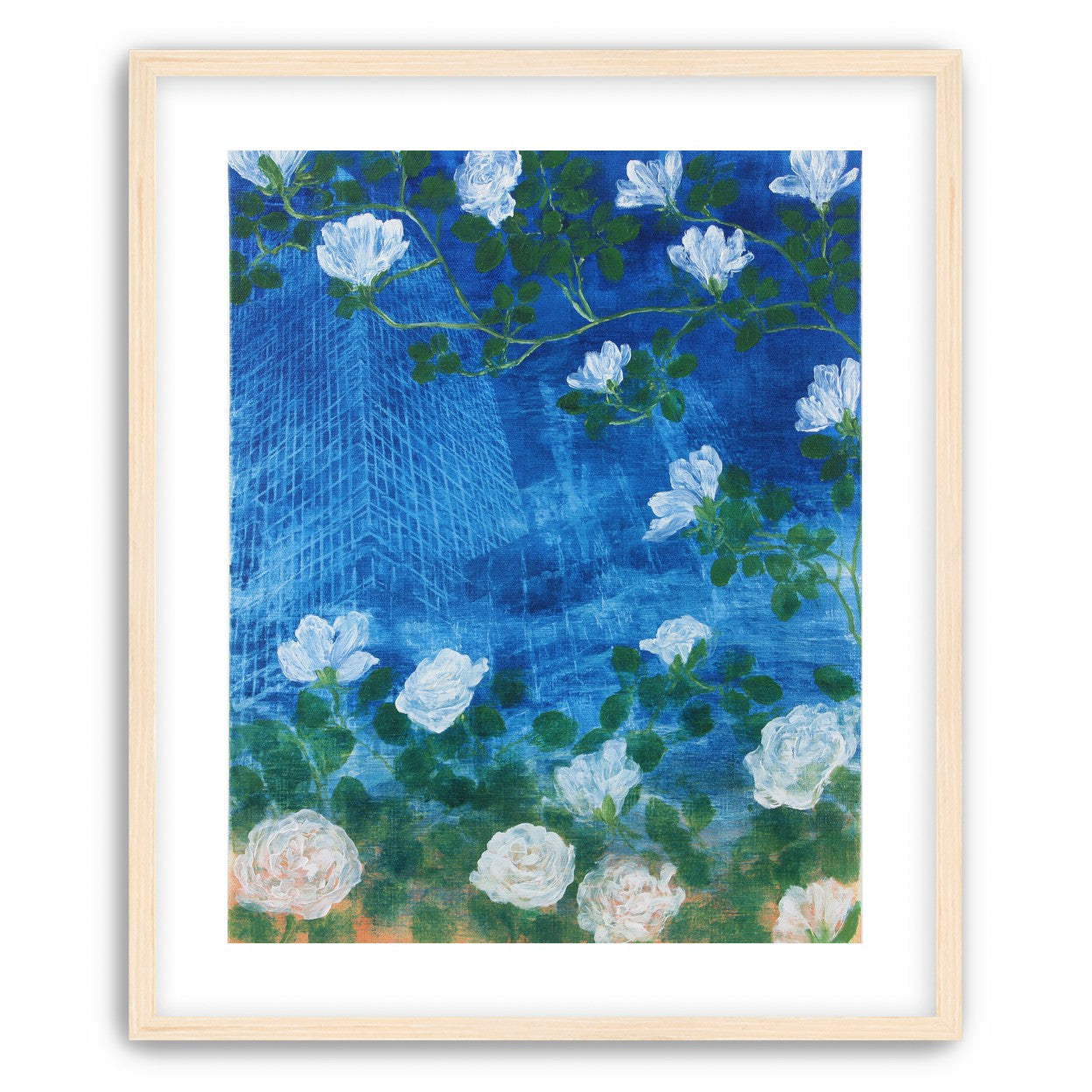 White blossoms on cobalt blue