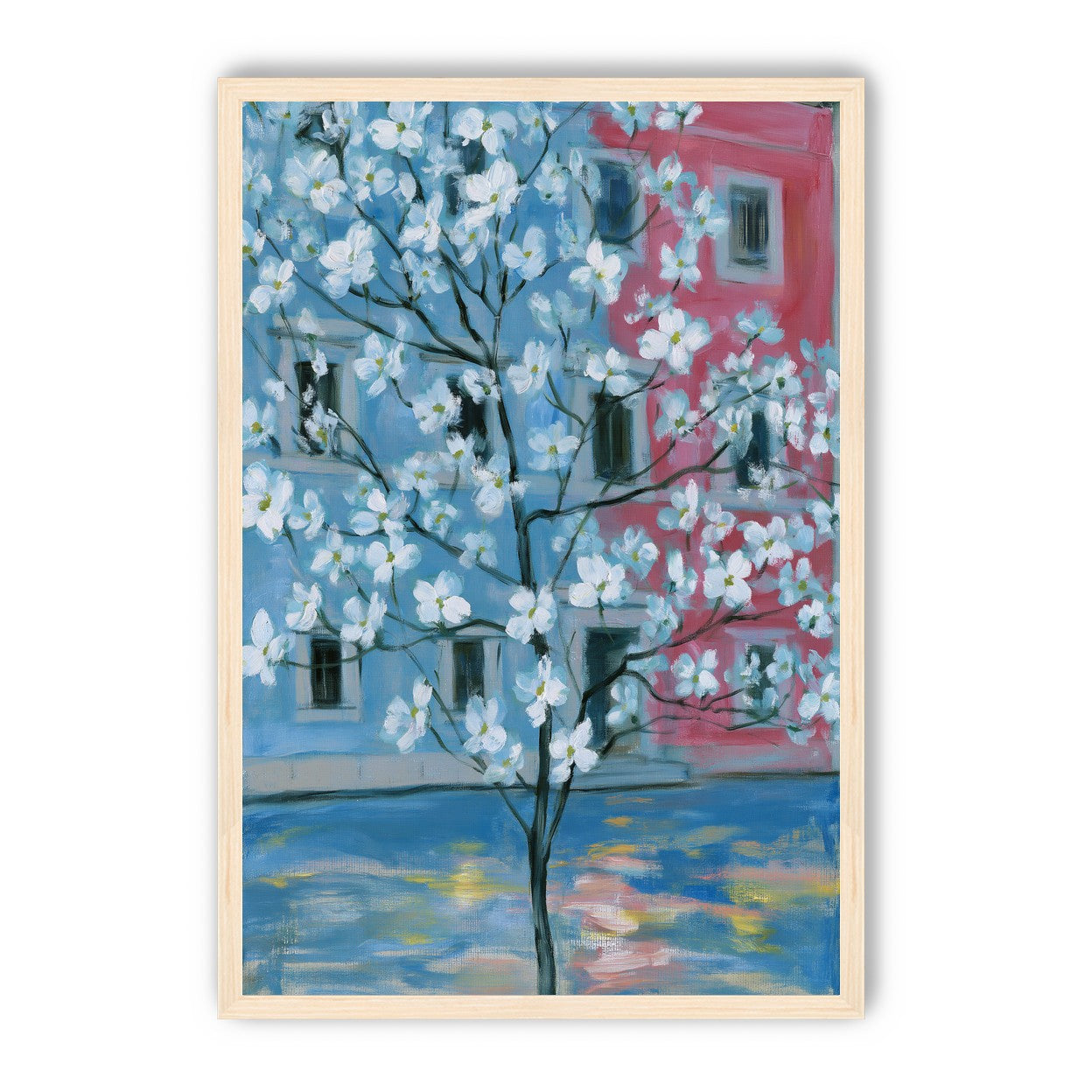 White blossoms across blue and pink