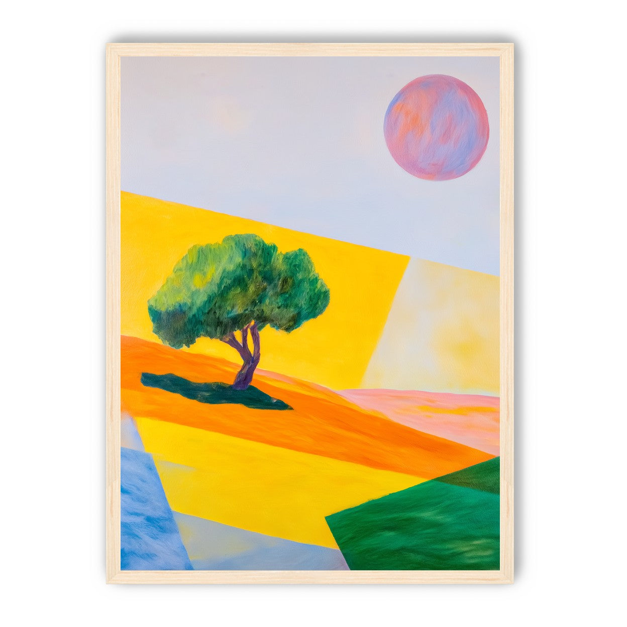 Pink sun over yellow hills
