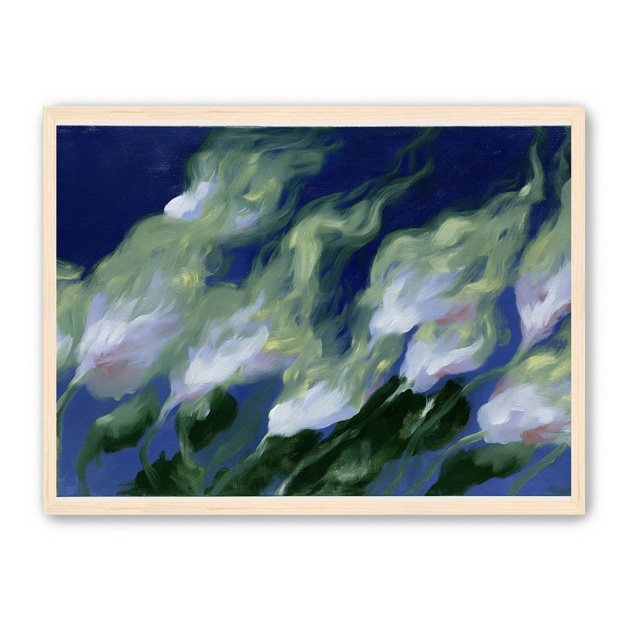 Pale flowers across blue field