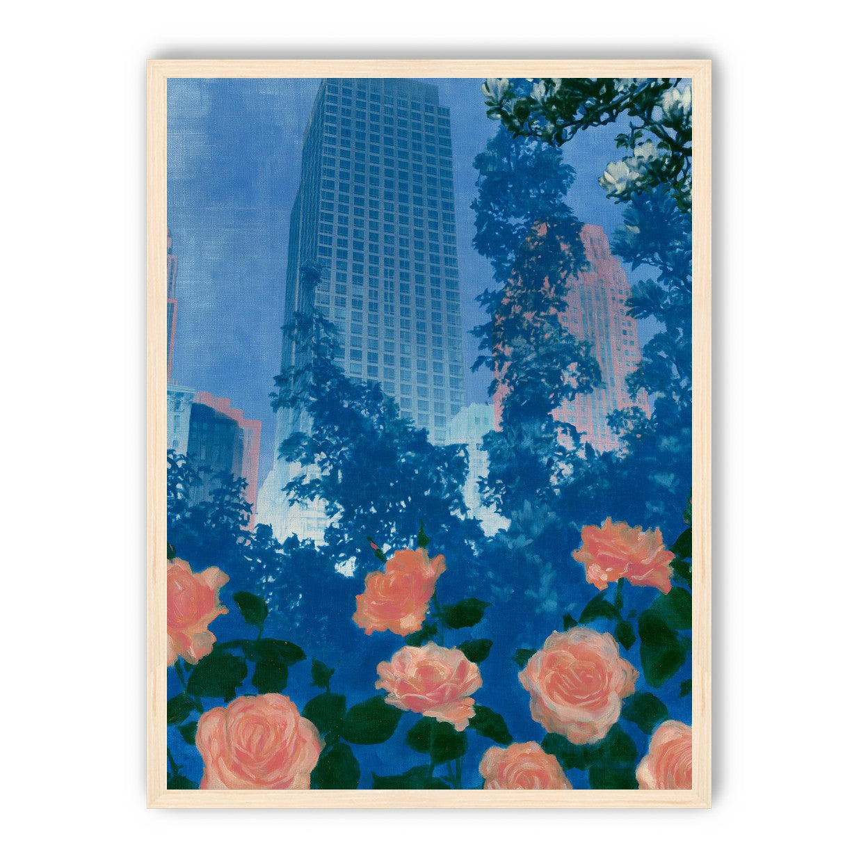 Pink roses below skyscrapers