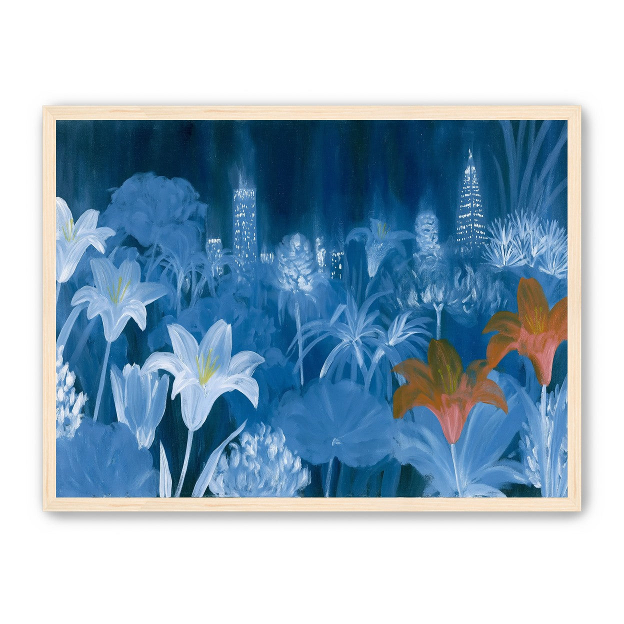 City lights behind lilies