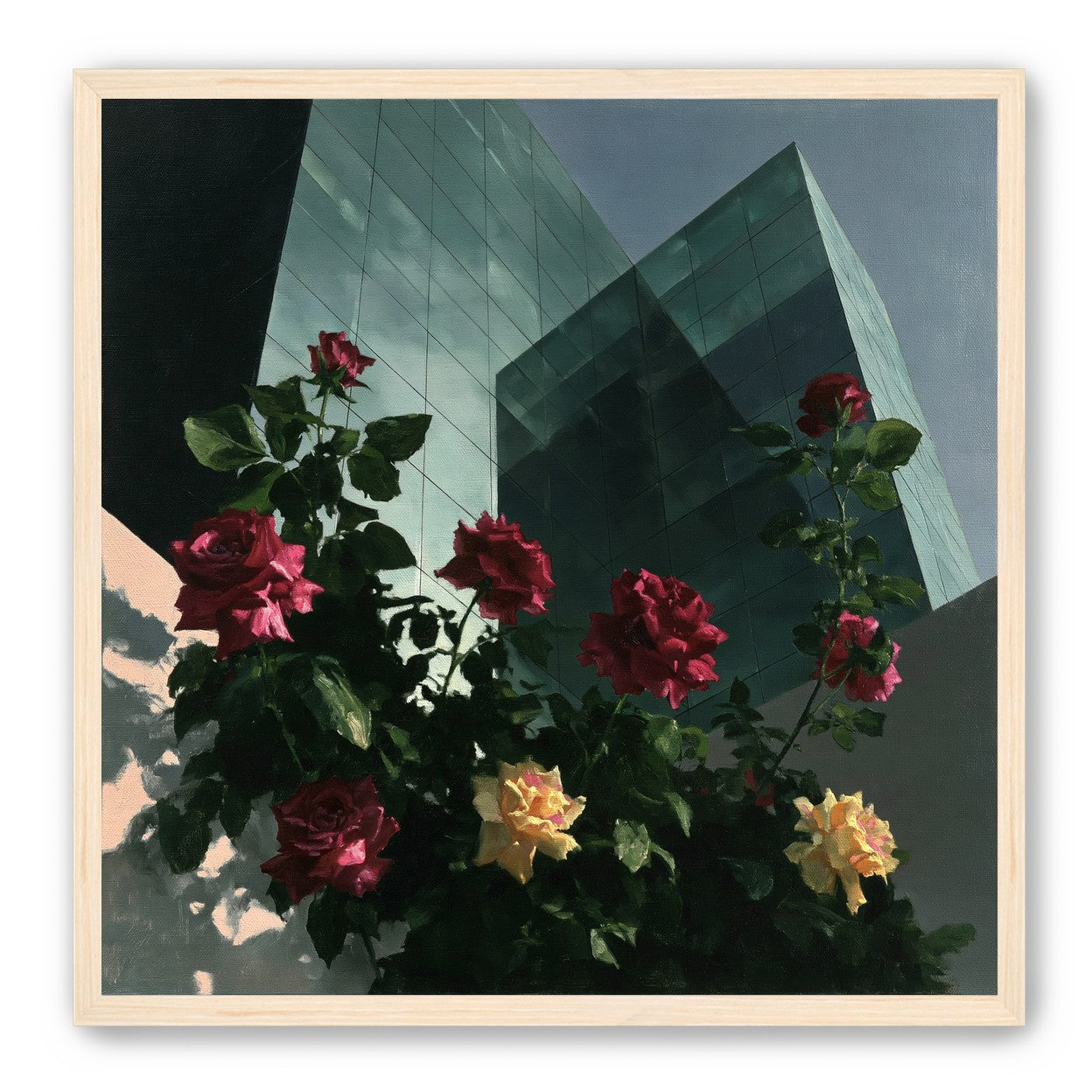 Roses against glass towers