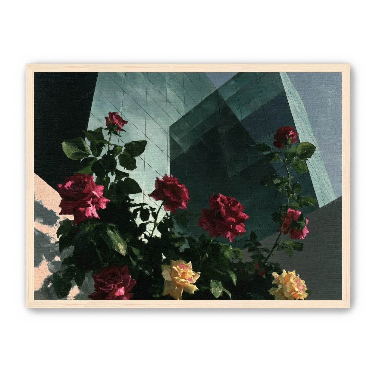 Roses against glass towers