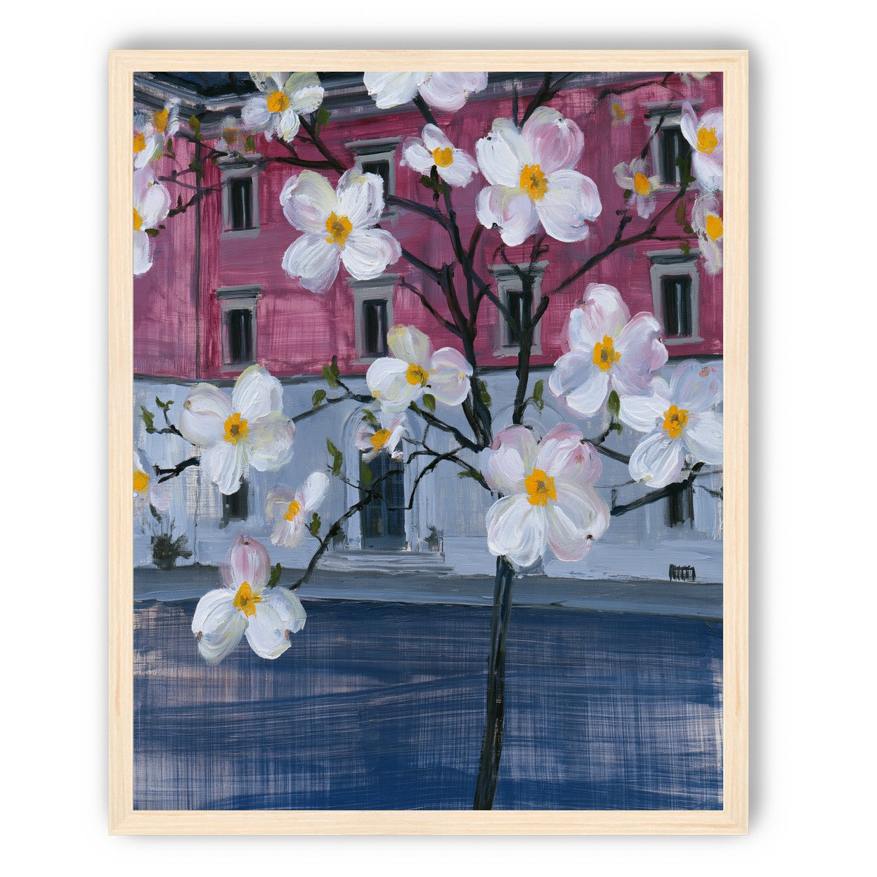 White blossoms over the pink house