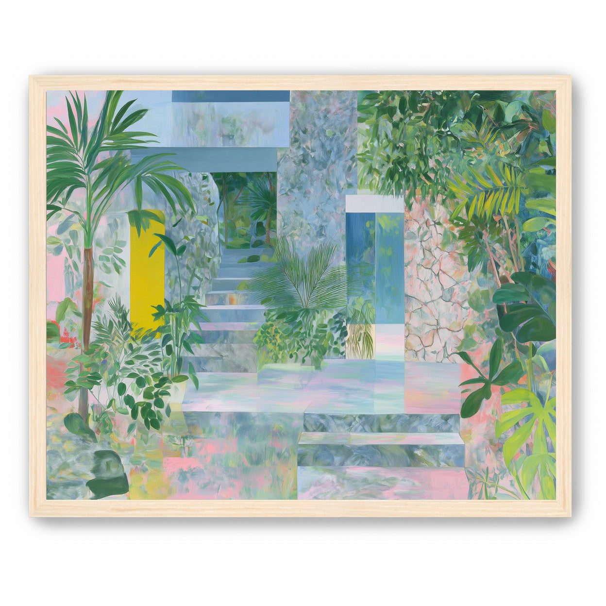 Pastel stairs between yellow and blue doors