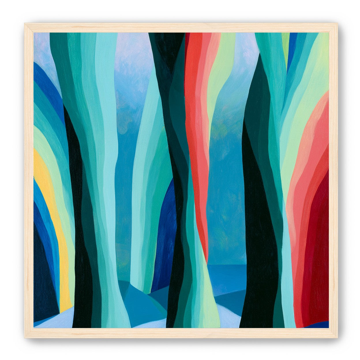 Between red trunks and blue shadows
