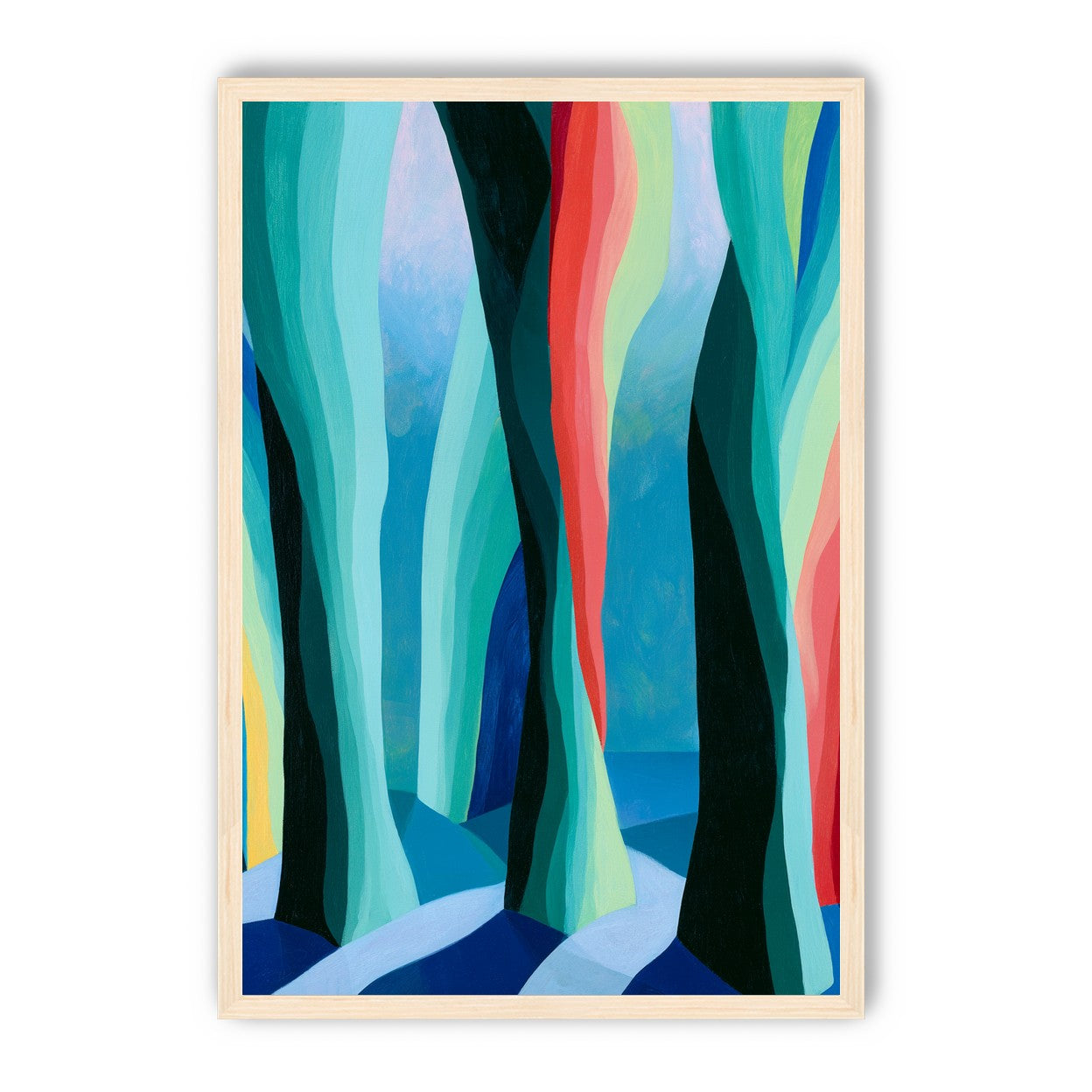 Between red trunks and blue shadows