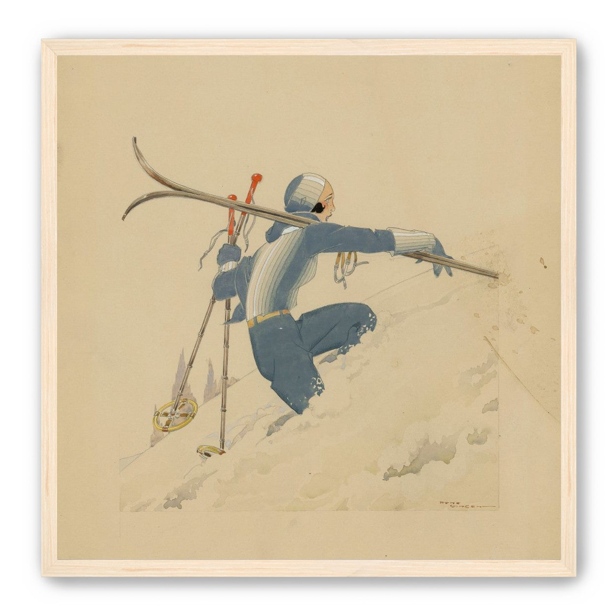 Blue skier in pale snow