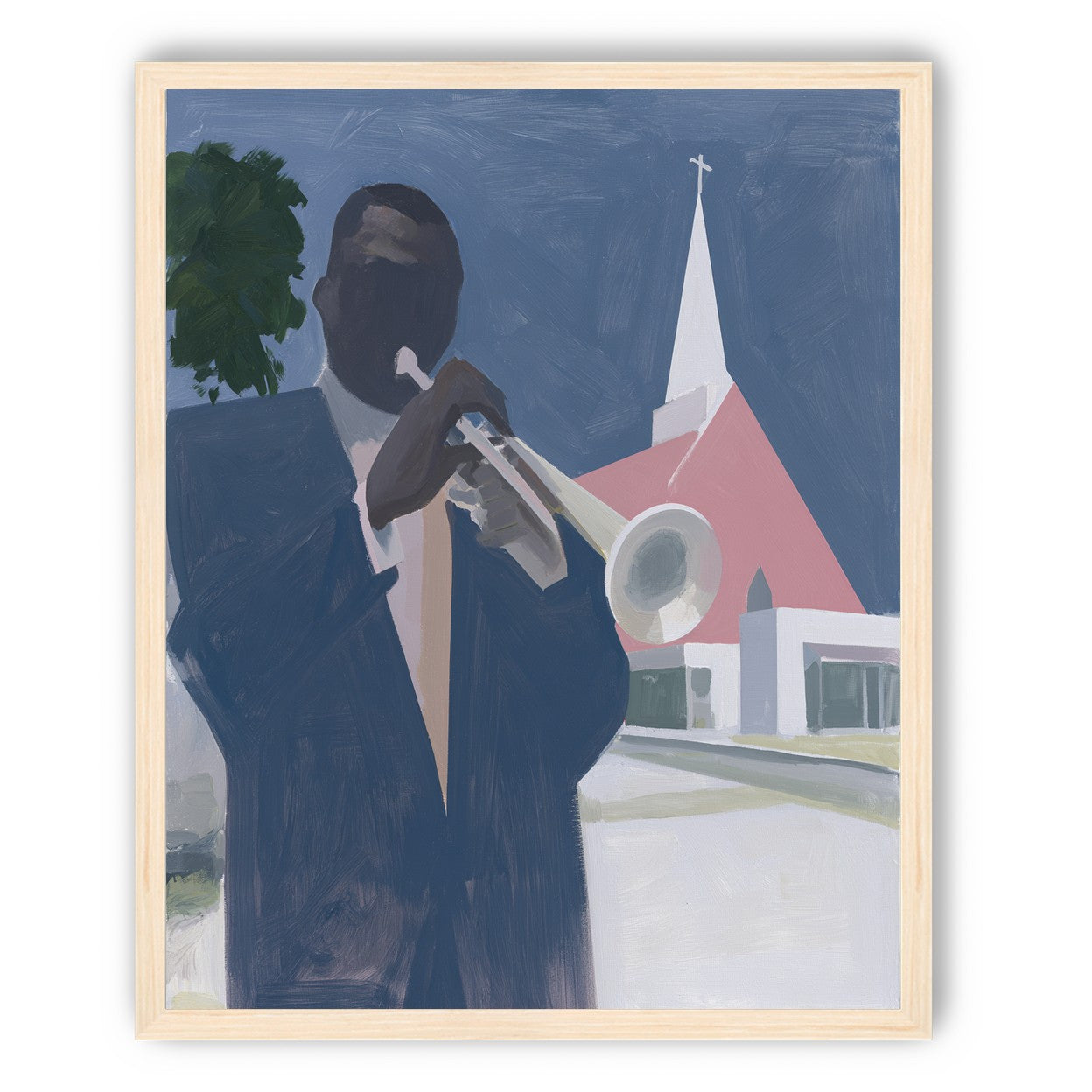 Blue sky over pink church
