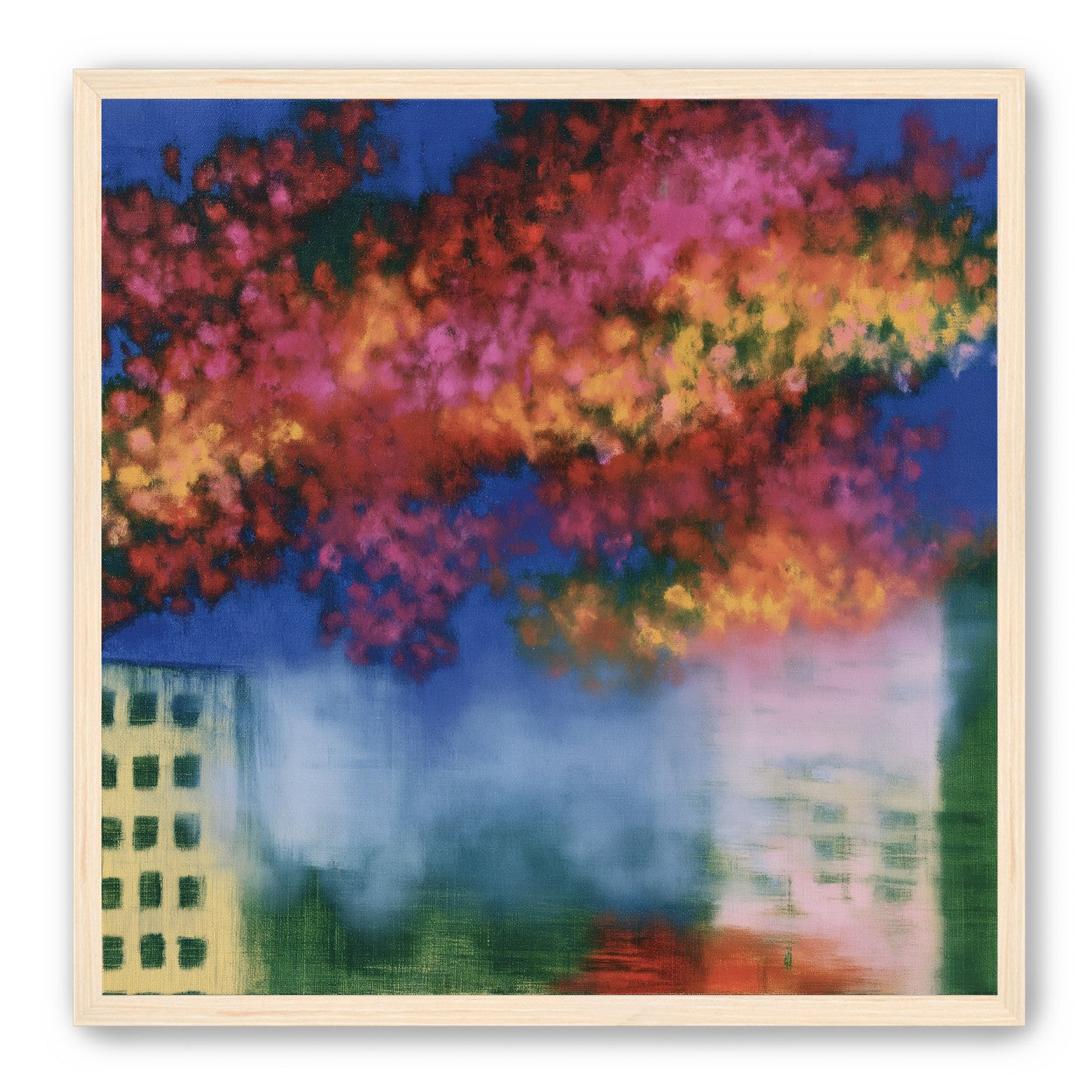 Trees above blurred windows