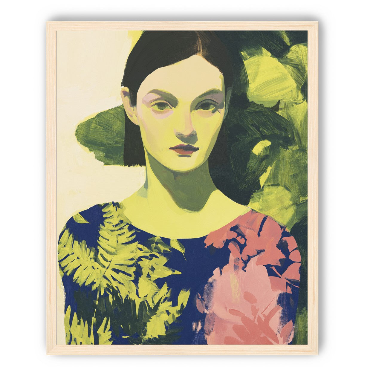 Green leaves behind her portrait