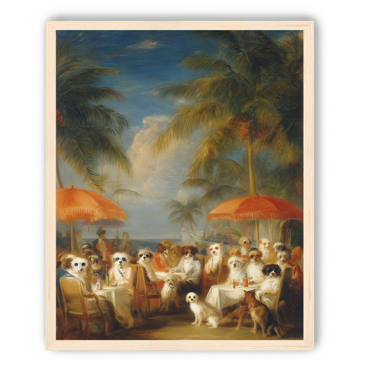 Dogs at seaside tables