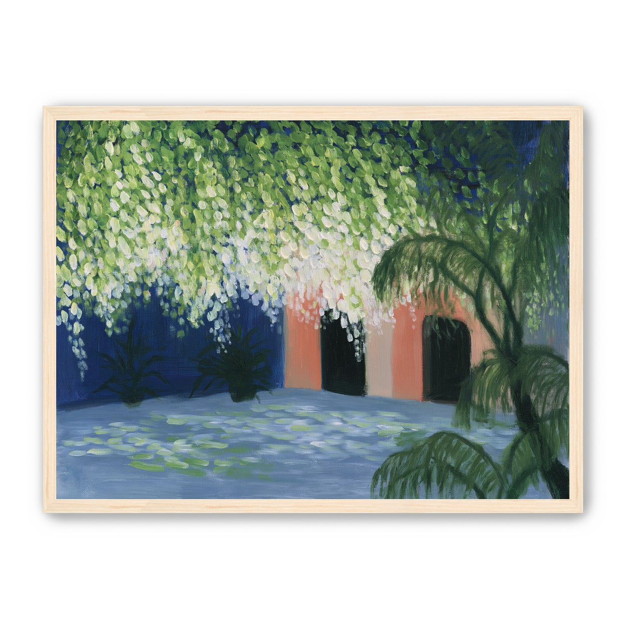 Doorway under falling blossoms