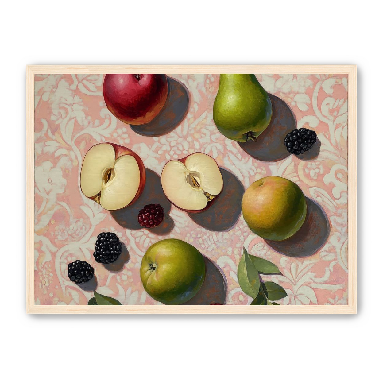 Apples, Pear, and Berries on Floral Fabric