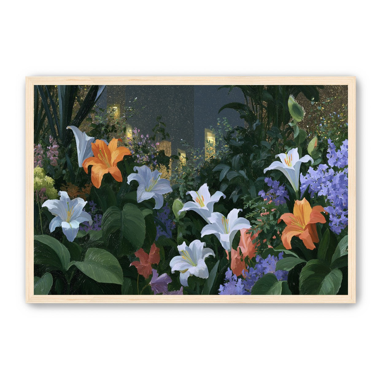 Lit windows beyond the lilies