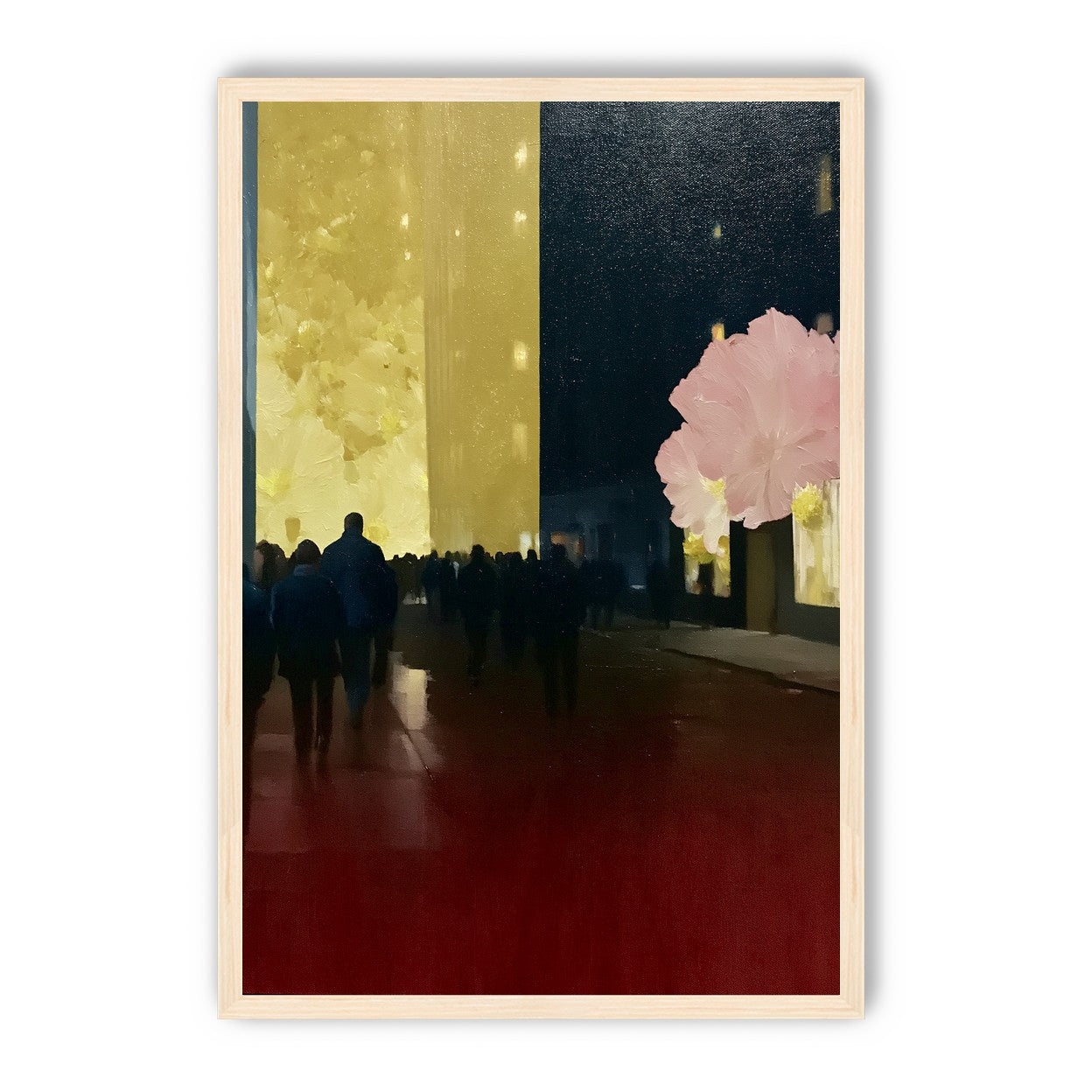 Crowd beneath the glowing wall