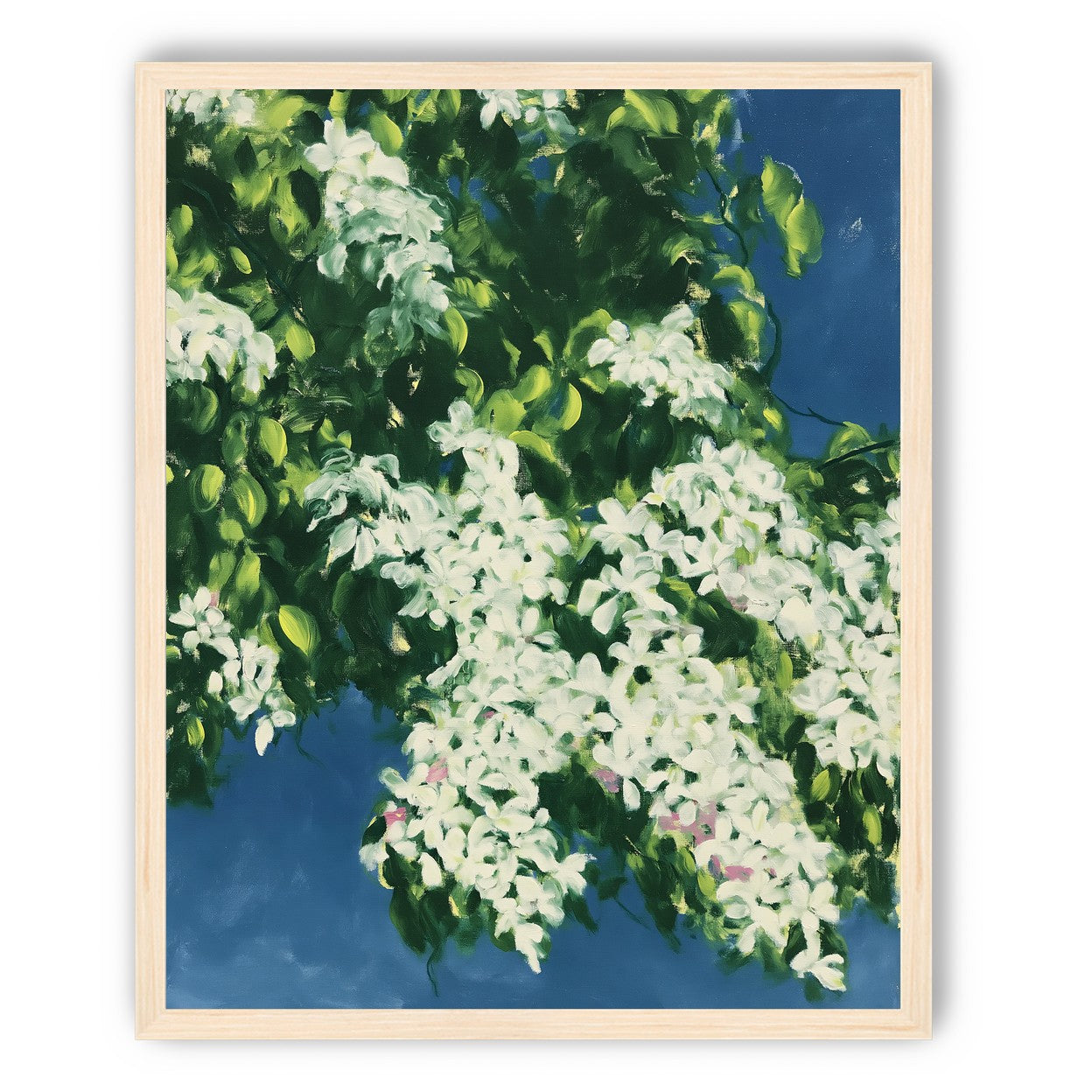 White blossoms on blue field