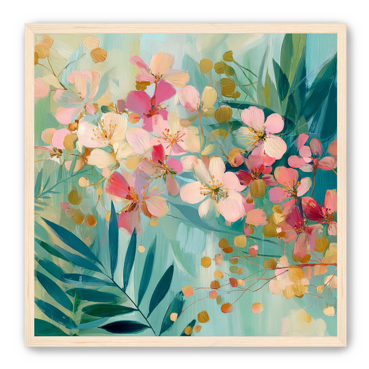 Blossoms over teal leaves
