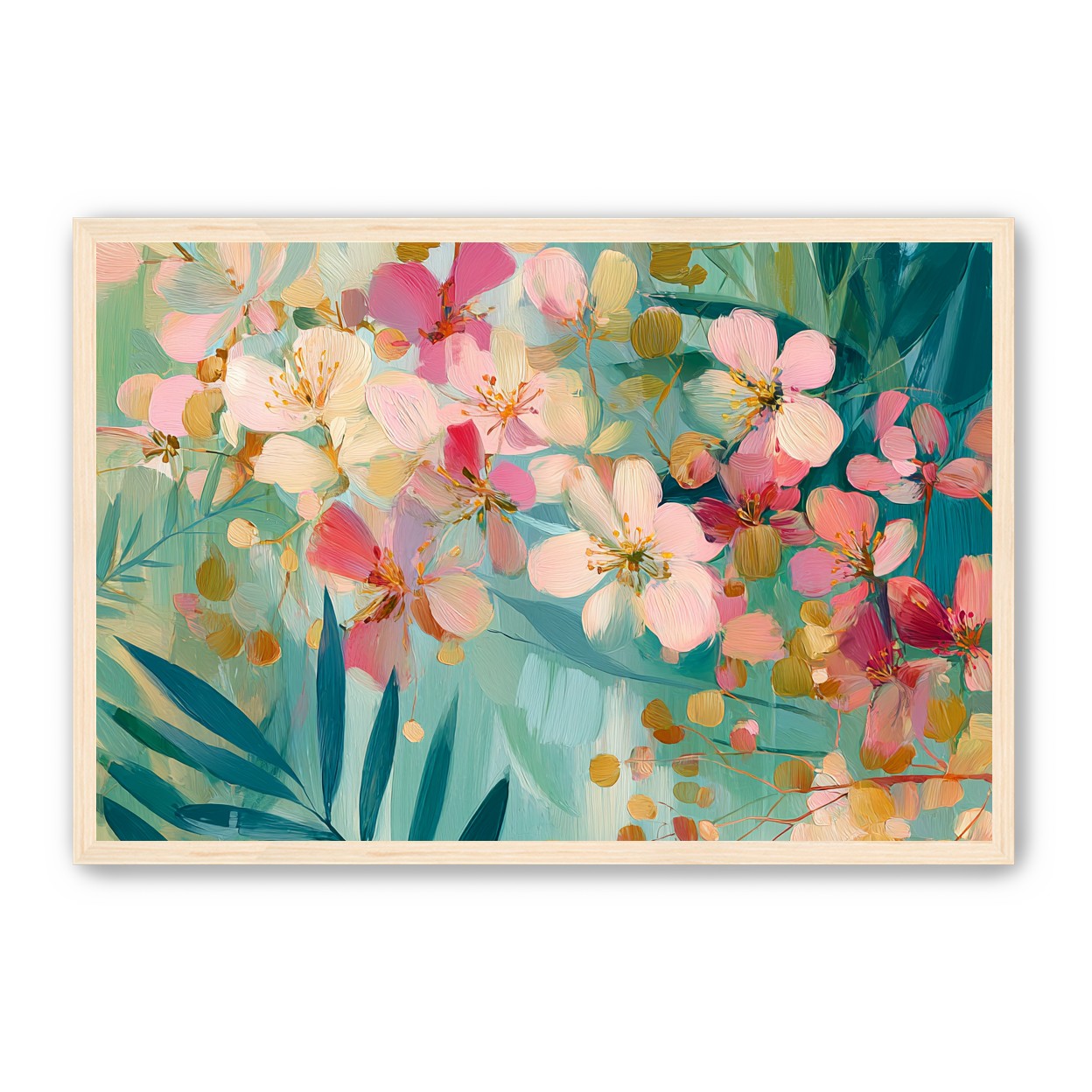Blossoms over teal leaves