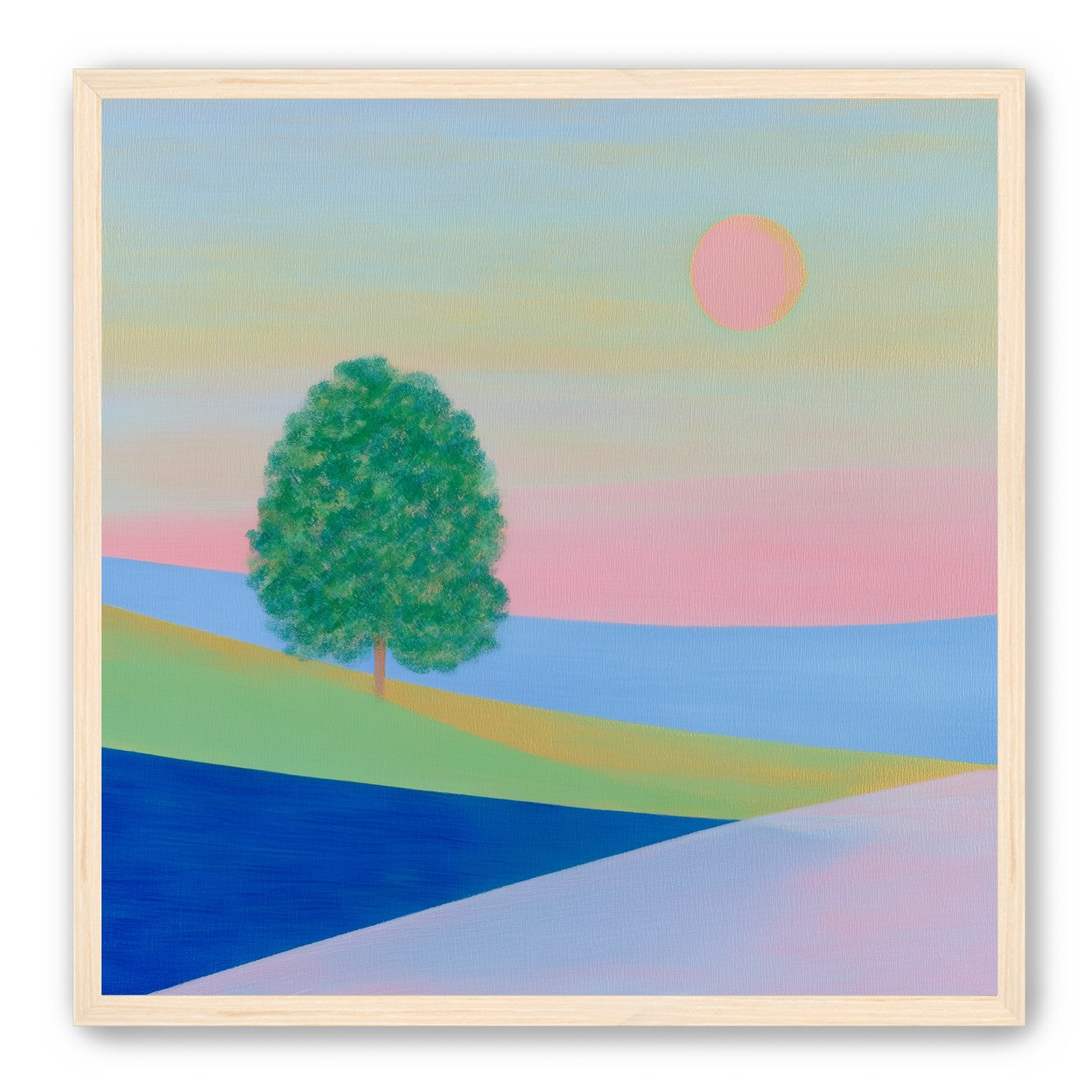 Pink sun over striped hills