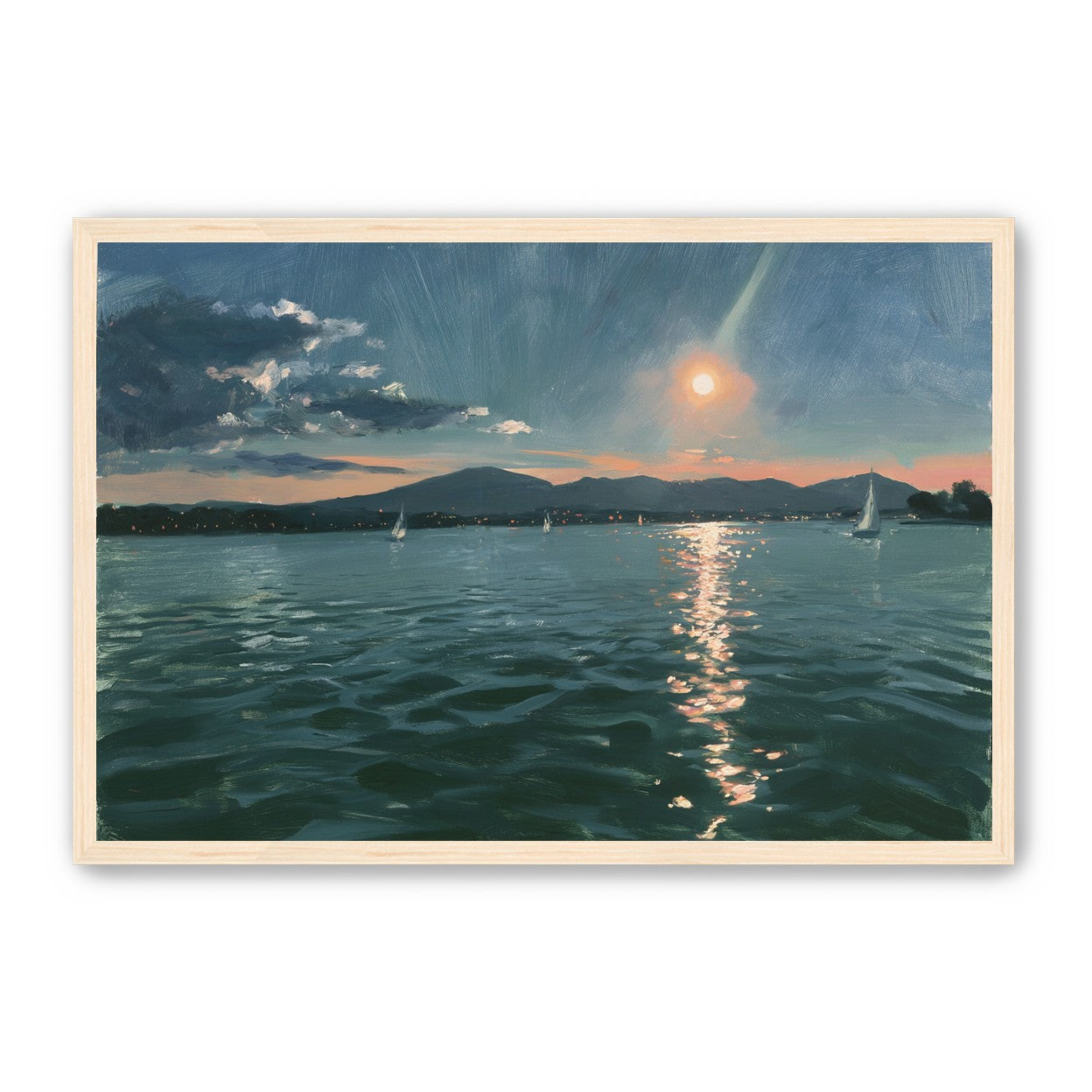 Peach sun on blue water