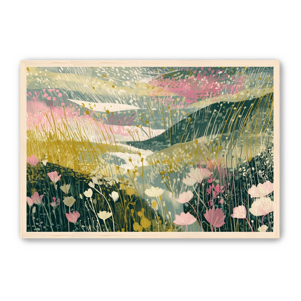 Wildflowers across layered hills