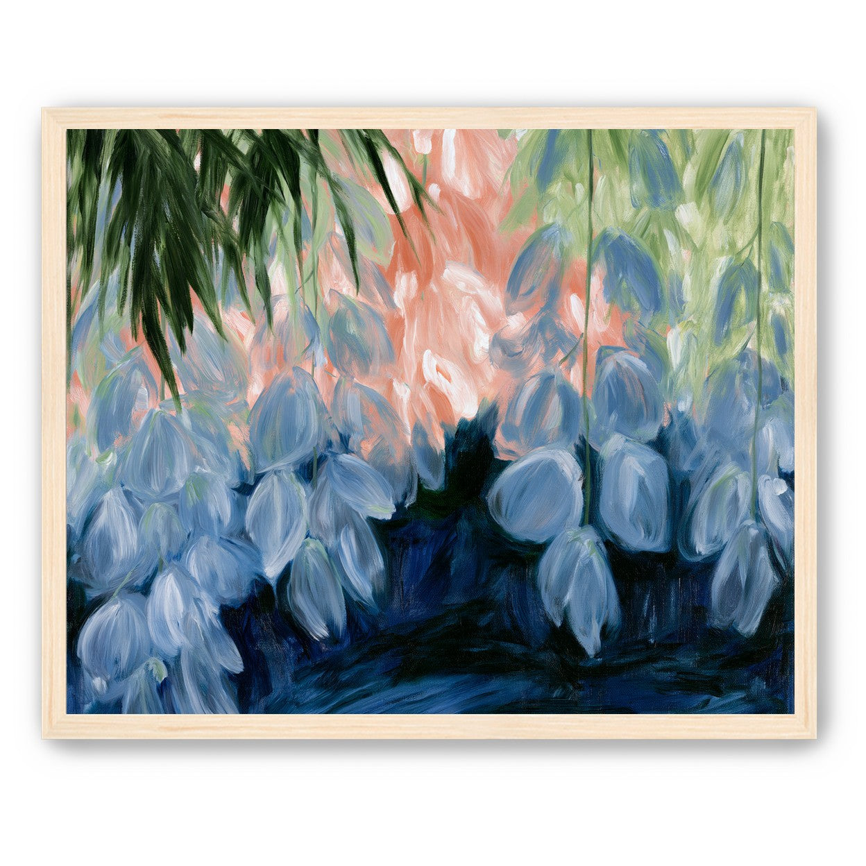 Blue flowers under green leaves