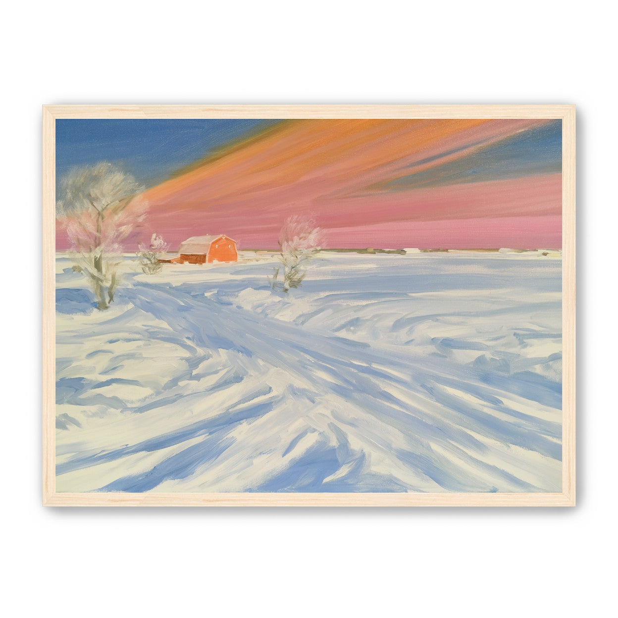 Pink sky over the red barn