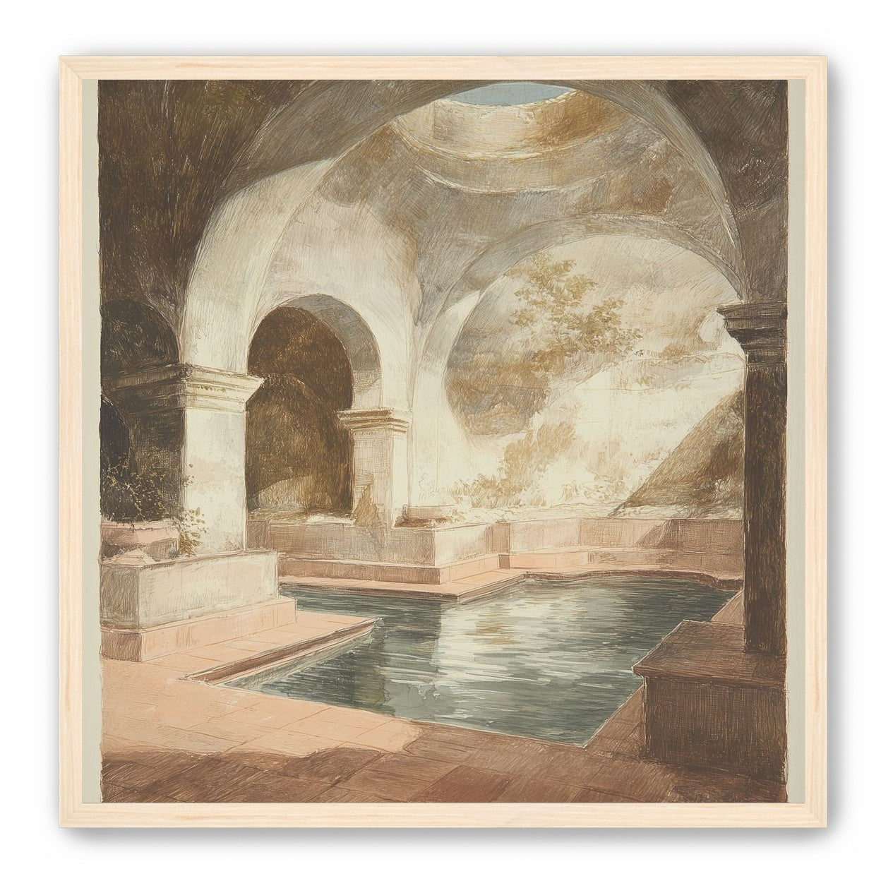 Courtyard pool beneath pale arches
