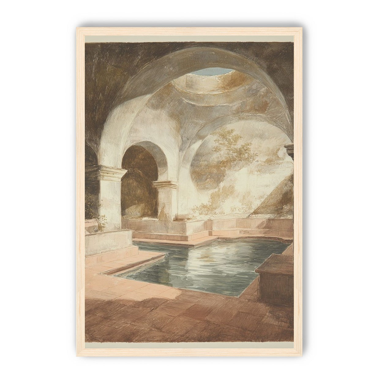 Courtyard pool beneath pale arches