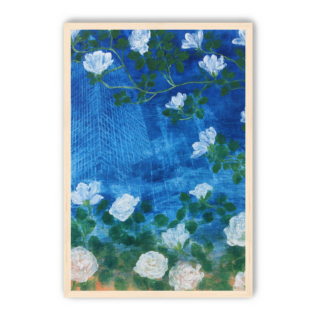 White blossoms on cobalt blue