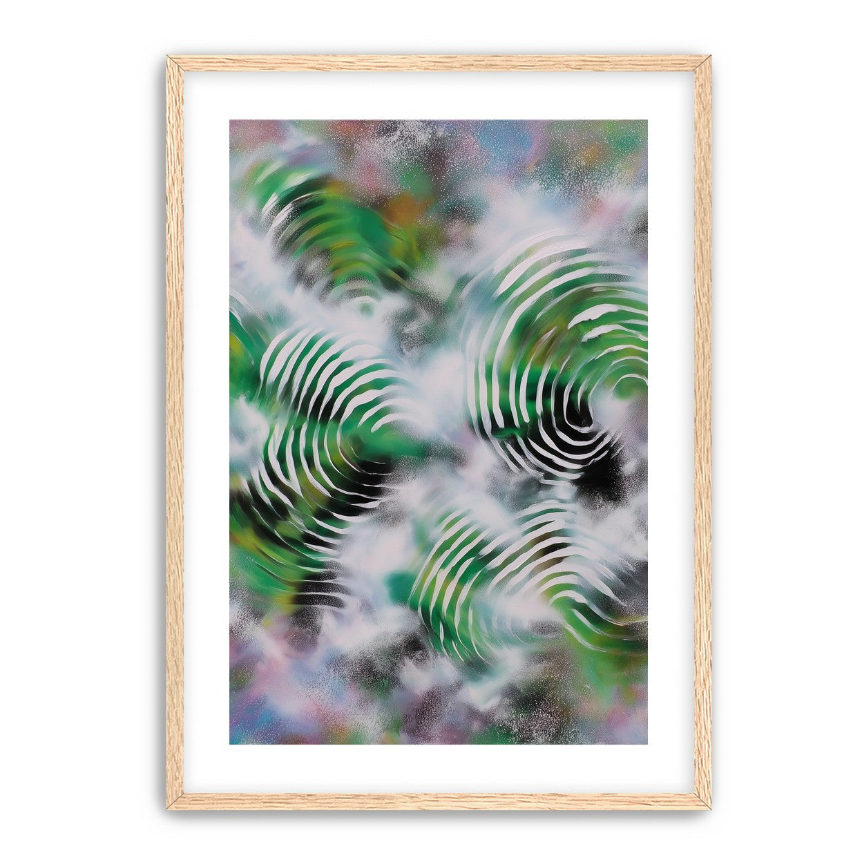 White haze over green spirals