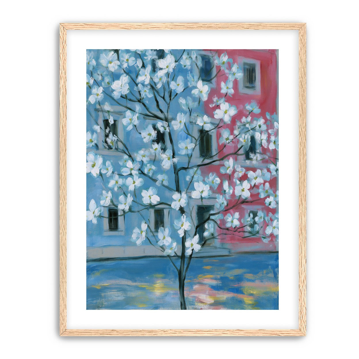 White blossoms across blue and pink