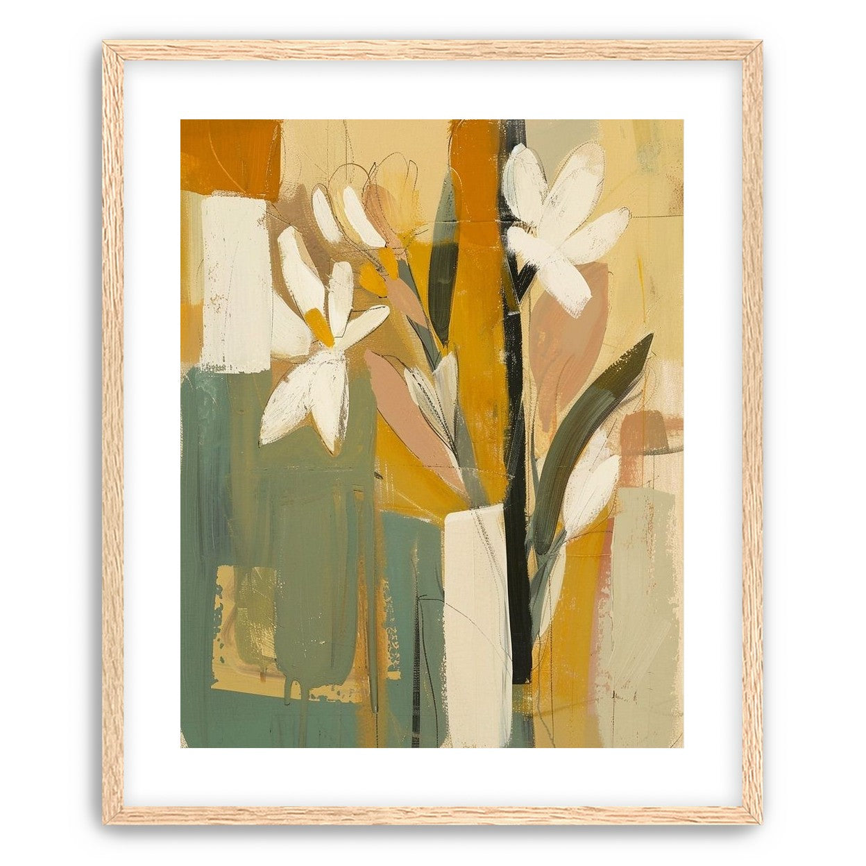White flowers in ochre blocks