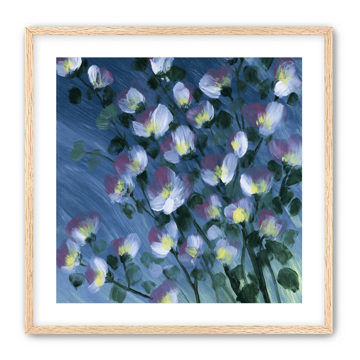 White blossoms on blue field
