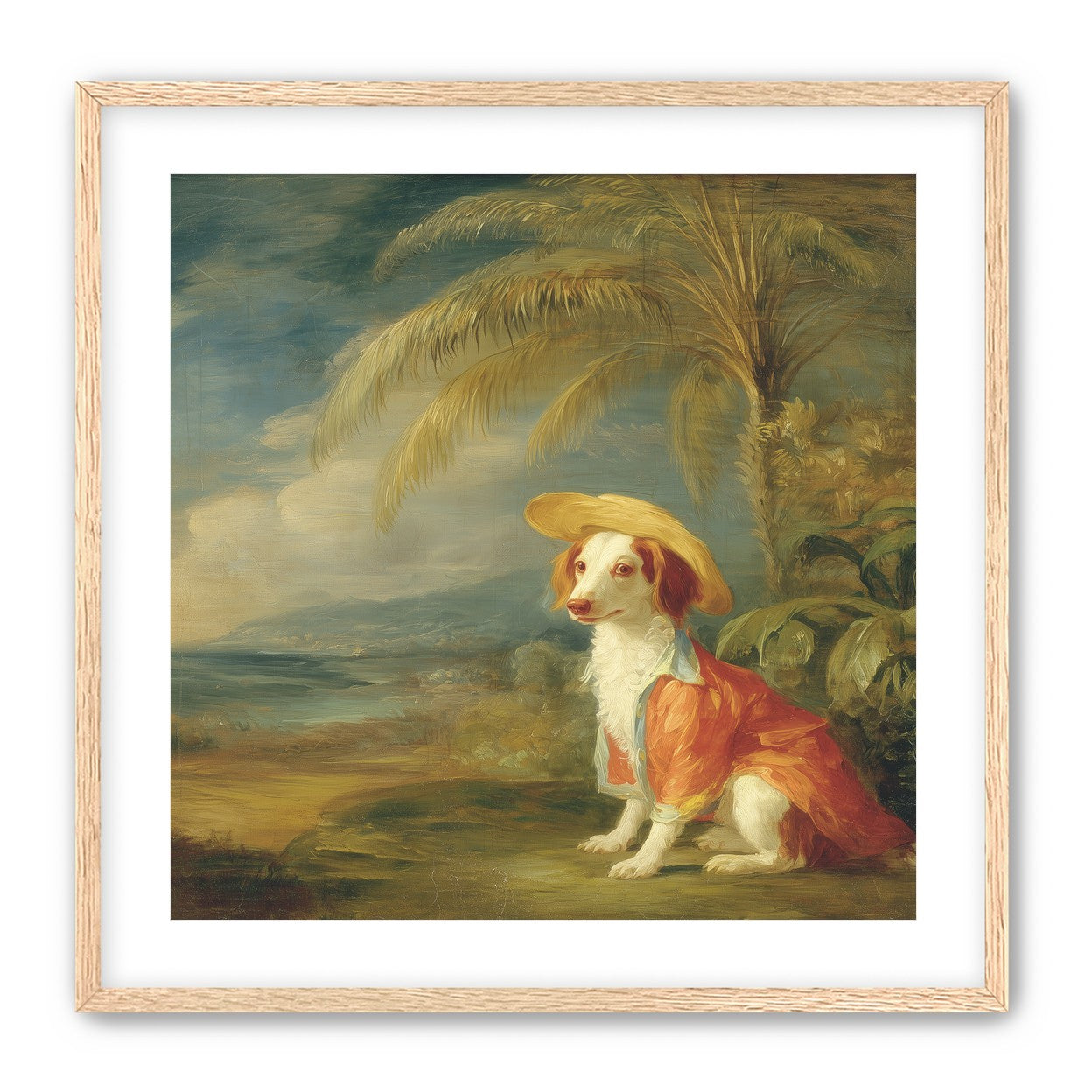 A hatted dog by the sea