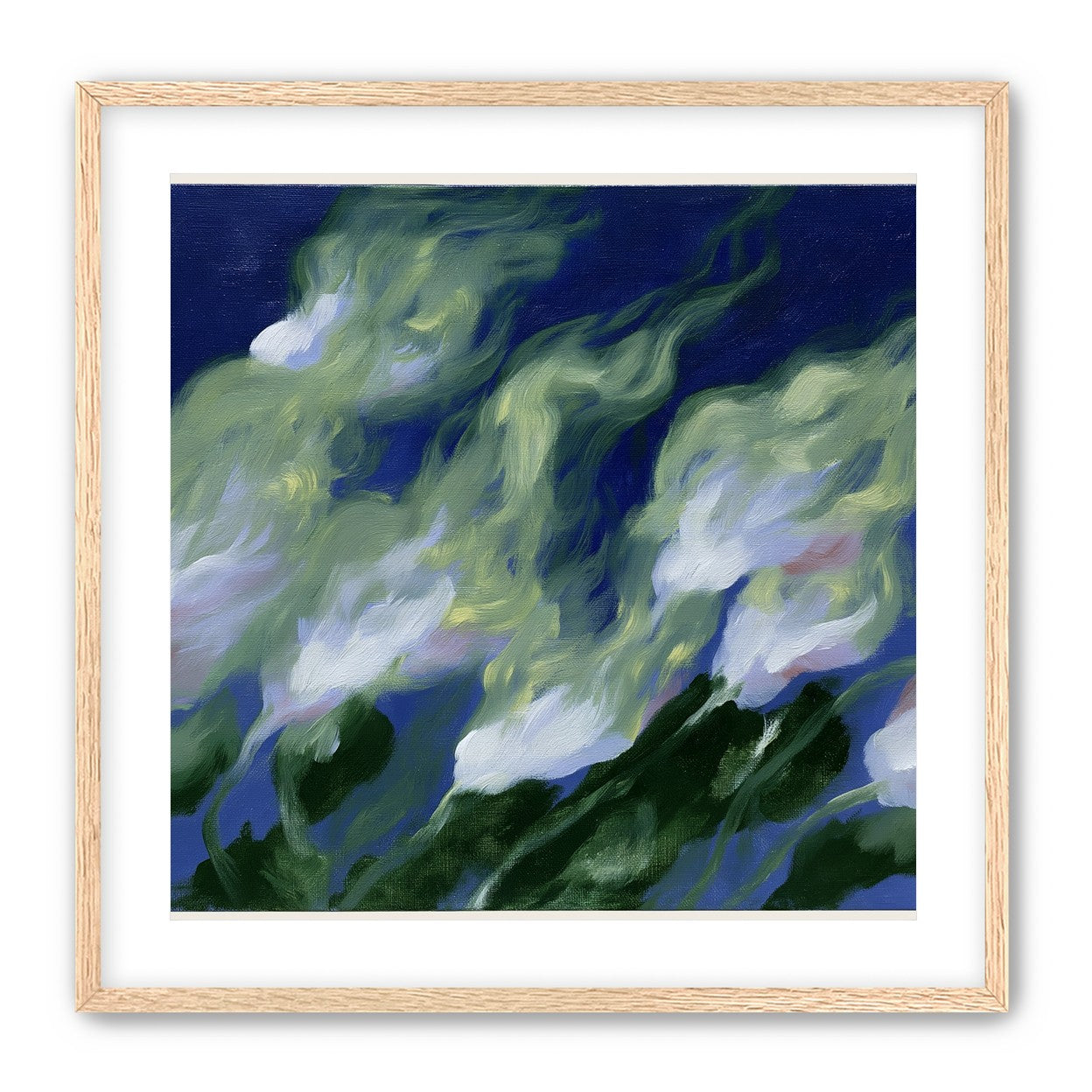Pale flowers across blue field