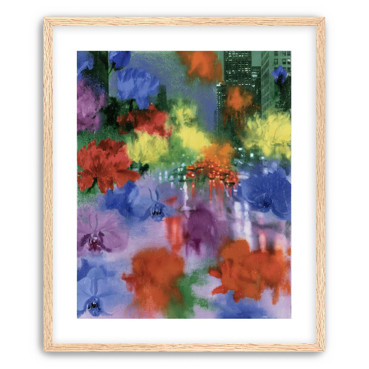 Neon traffic under painted blooms